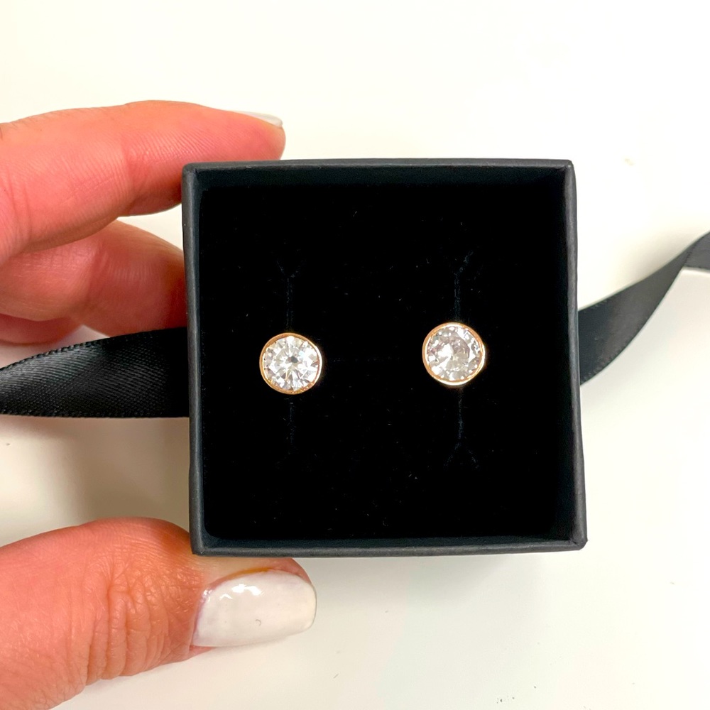 Diamond Stud Earrings, Sterling Silver with 14k Rose Gold, Bezel Stud Earrings